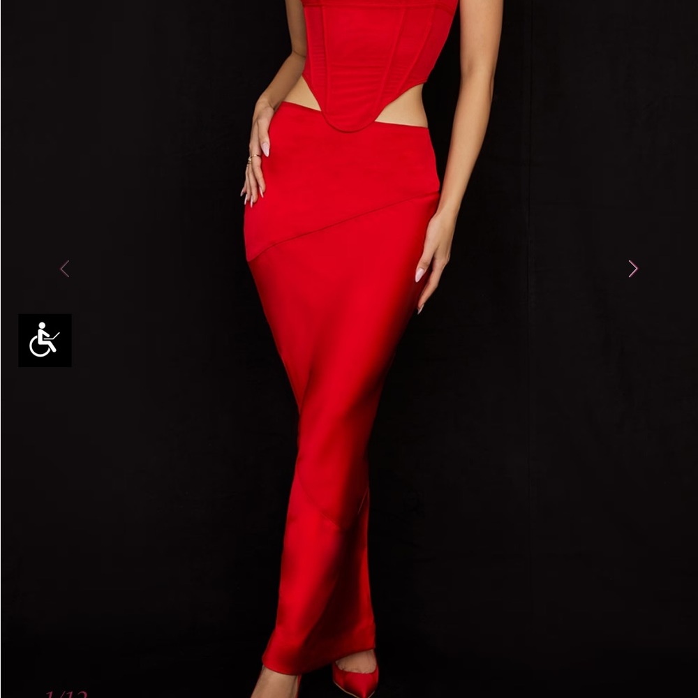 House of CB Colette Fitted Satin Midi Skirt In Scarlet Red Size XS - Picture 2 of 7